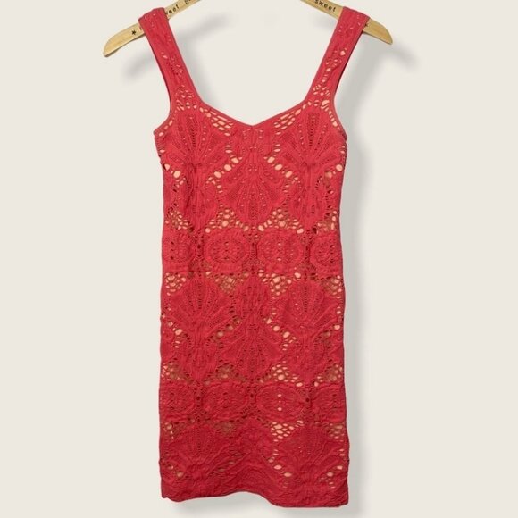 Free People Stretch Lace Pink Tank Dress Bodycon Size Medium / Large Coral Boho - Picture 3 of 8